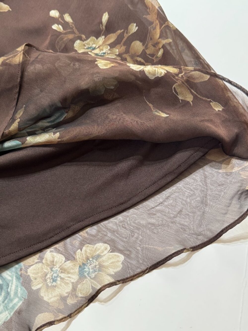 Vtg Y2K Jessica Howard Brown & Blue Floral Chiffon Asymmetrical Dress Cowl Neck - Picture 8 of 9